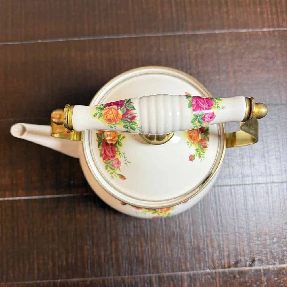 Royal Albert Old Country Roses Enamel‎ Tea Kettle Vintage Floral Teapot Brass